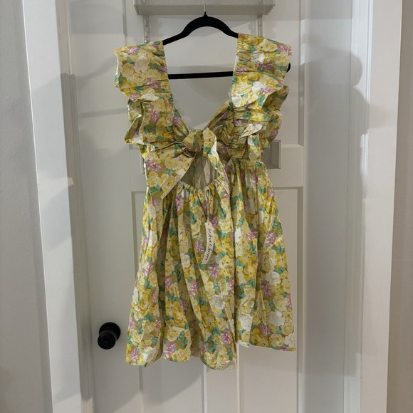 NWT For Love & Lemons Tamra Yellow Floral Mini Dress Size L $248 Puff sleeve - Picture 2 of 3